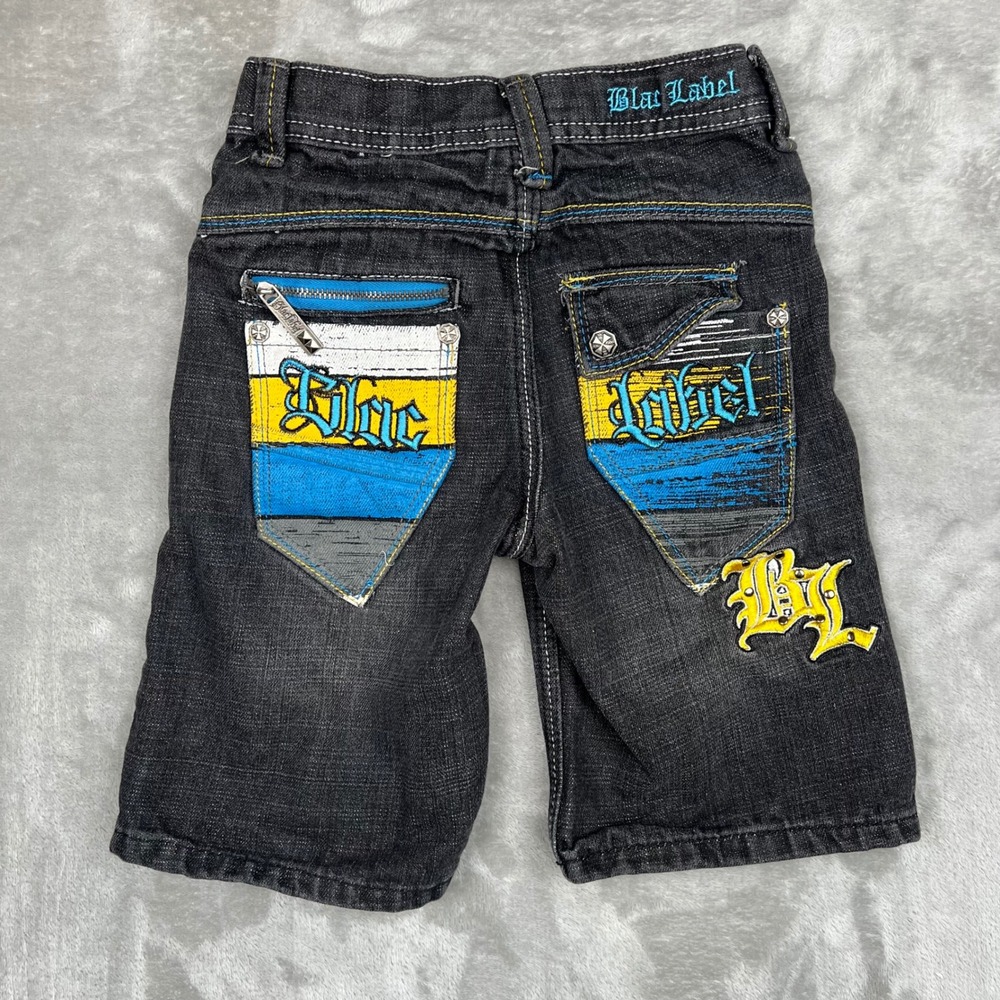 Blac Label Premium Boys Denim Shorts Dark Wash Embroidered Graphic Size 4